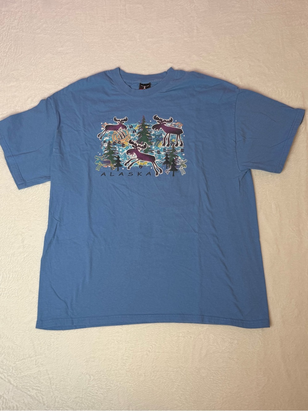 Vintage Y2K Alaska Moose Graphic Tourist T Shirt Blue Adult Size XL